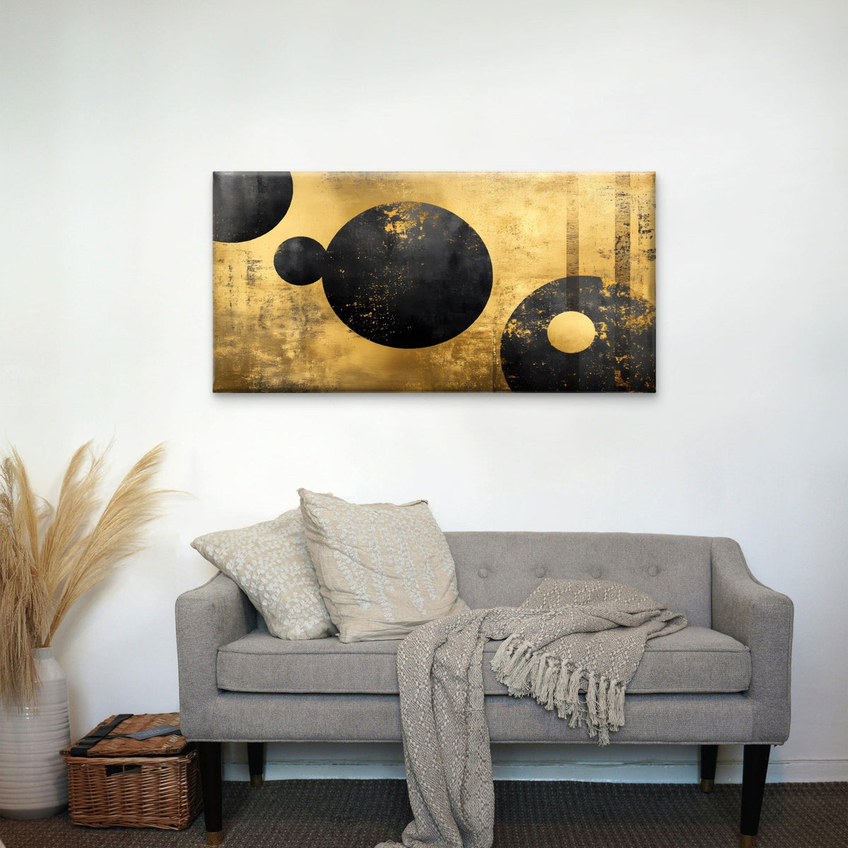 Abstract Geometric Black Circle Gold Wall Art Canvas Office Home Framed 80x45cm