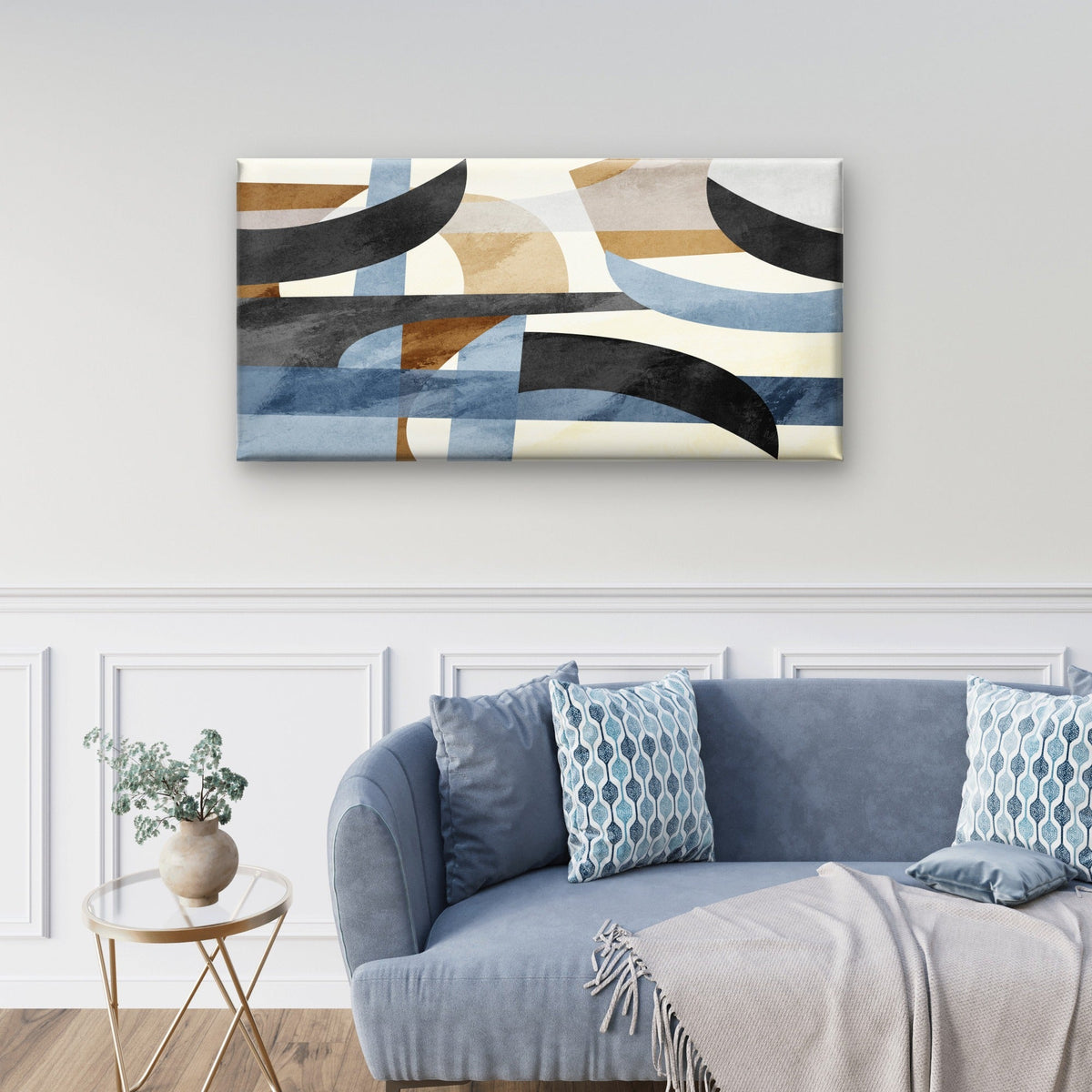 Abstract Geometric Blue Beige Curve Wall Art Canvas Office Home Framed 80x45cm