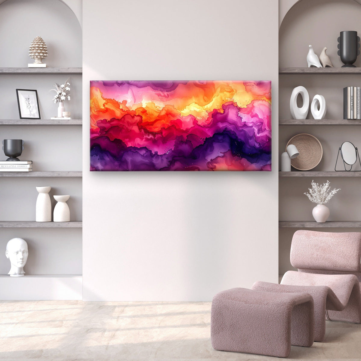 Sunset Pink Watercolor Flow Cloud Wall Art Canvas Office Home Framed 80x45cm