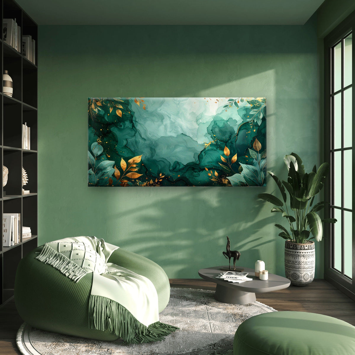 Emerald Green Gold Alcohol Abstract Wall Art Canvas Office Home Framed 80x45cm