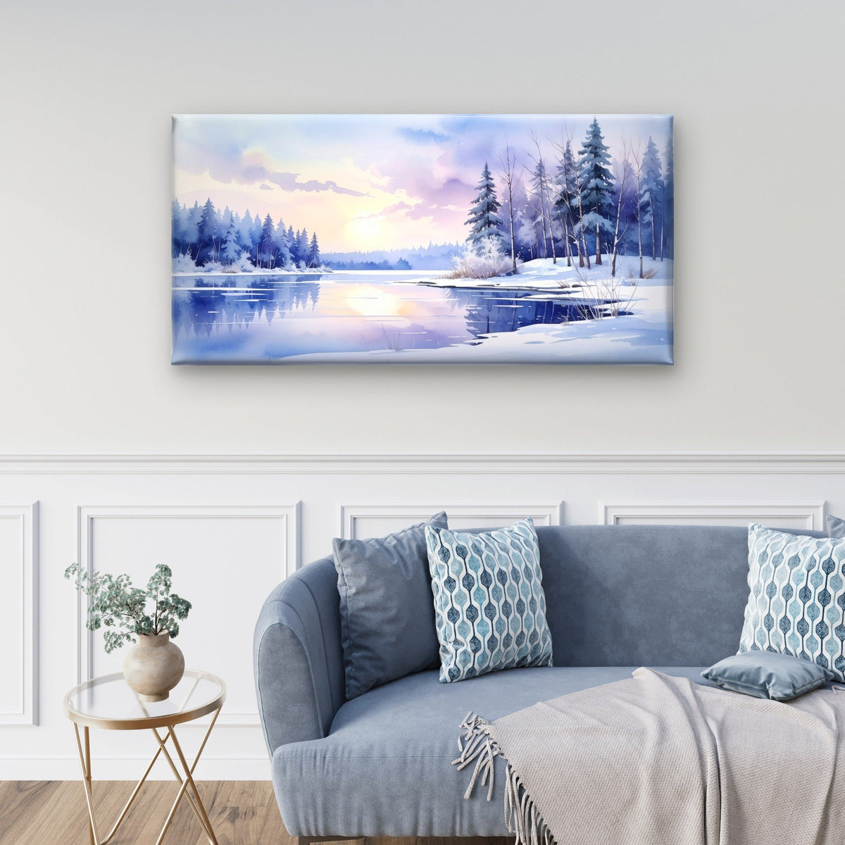 Snowy Pine Tree Lake Sunrise Wall Art Canvas Office Home Framed 80x45cm