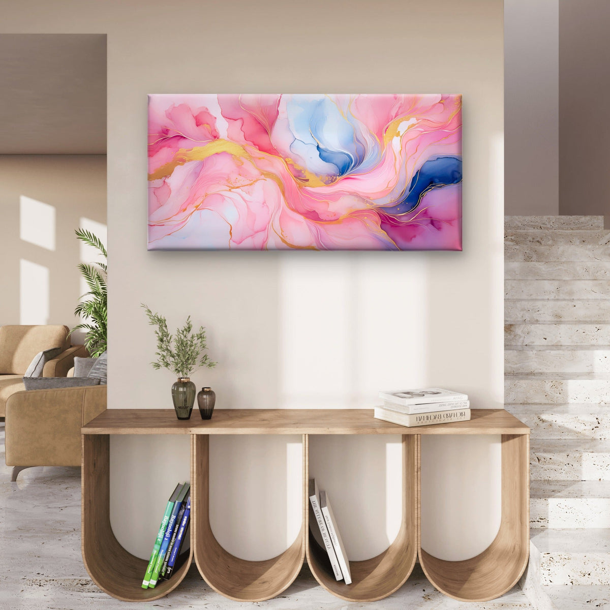 Luxury Fluid Alcohol Pink and Gold Wall Art Canvas Office Home Framed 120x60cm