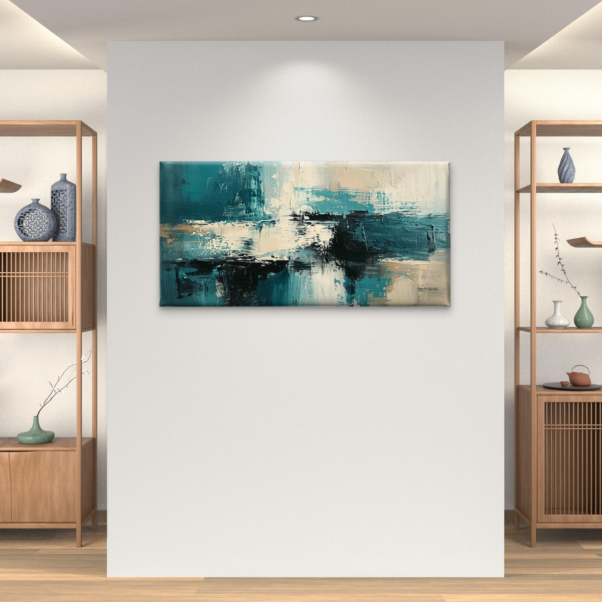 Teal Turquoise Cream and Black Impasto Wall Art Canvas Office Home Framed 120x60cm