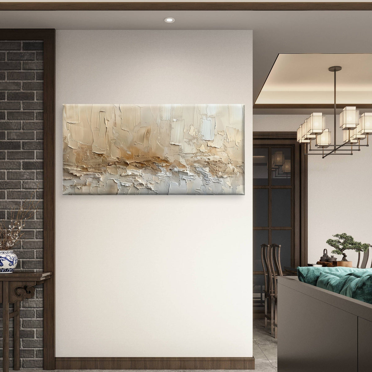 Neutral Beige Cream White Impasto Wall Art Canvas Office Home Framed 120x60cm