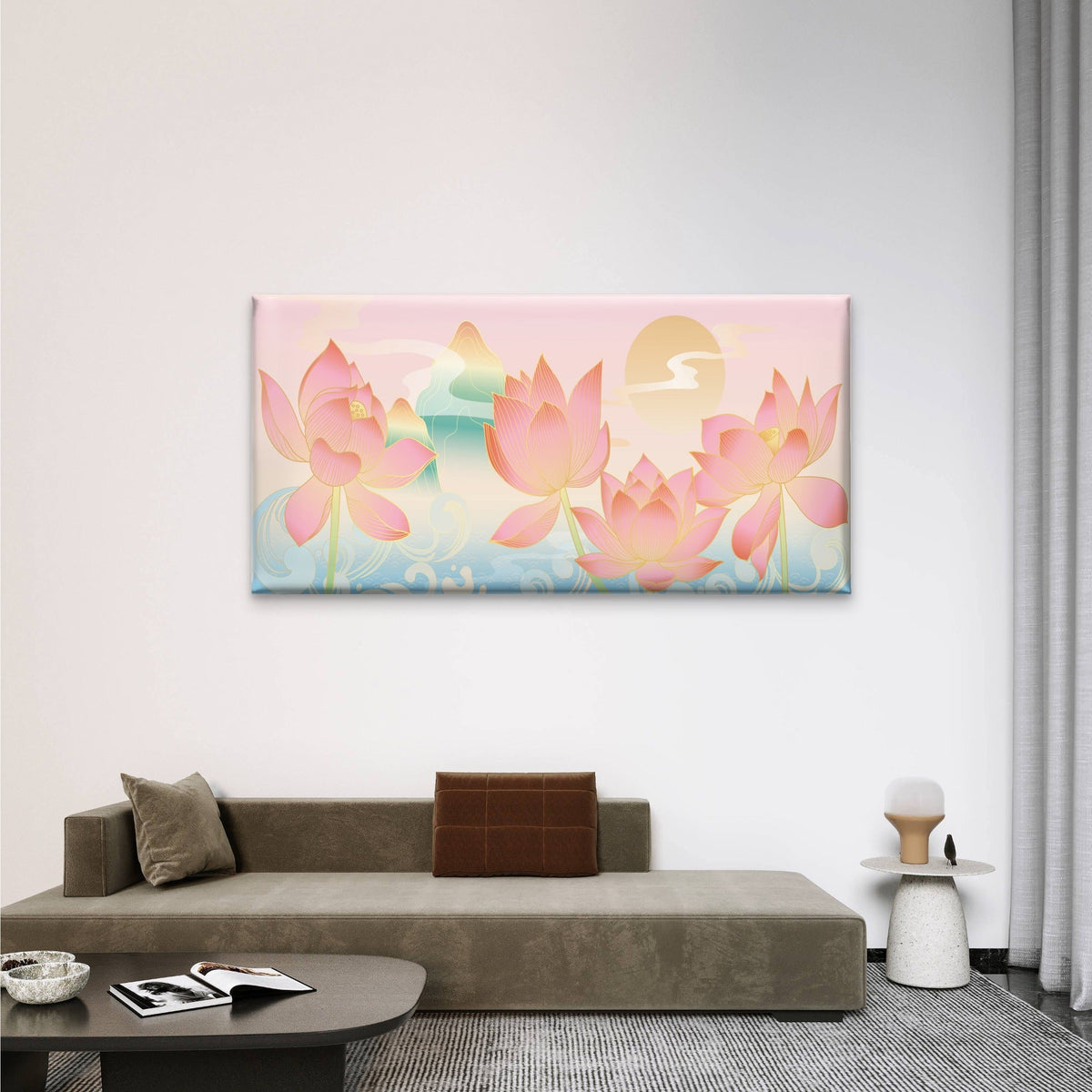Chinese Pink Lotus Flower Sun Art Wall Art Canvas Office Home Framed 80x45cm