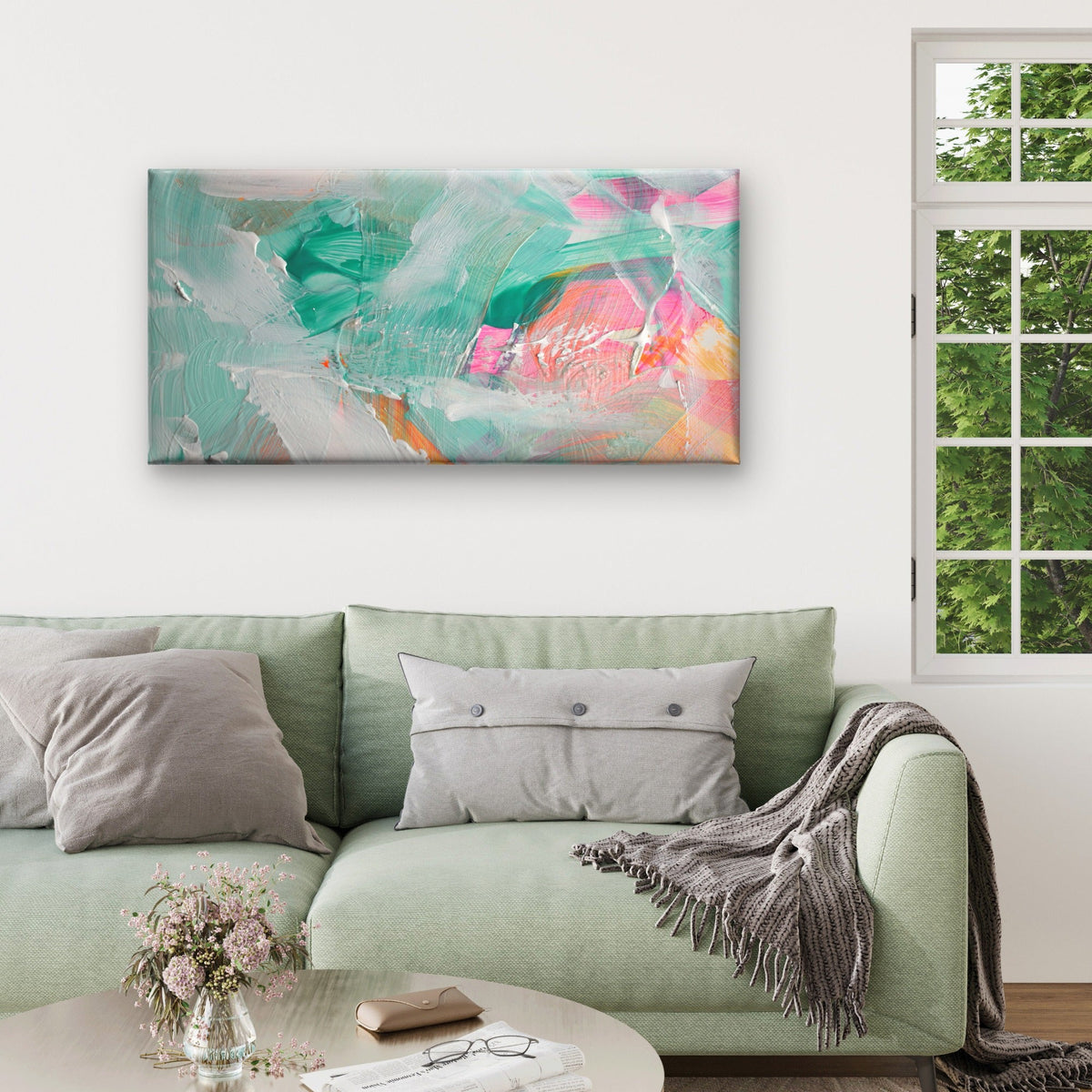 Modern Abstract Teal Pink Pastel Wall Art Canvas Office Home Framed 120x60cm