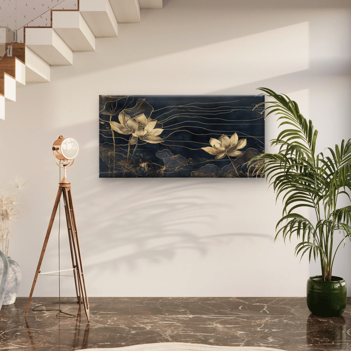 Luxury Gold Lotus Navy Blue Wall Art Canvas Office Home Framed 120x60cm
