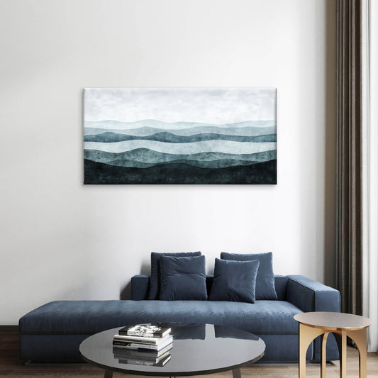 Abstract Navy Blue Ocean Wave Lines Wall Art Canvas Office Home Framed 80x45cm