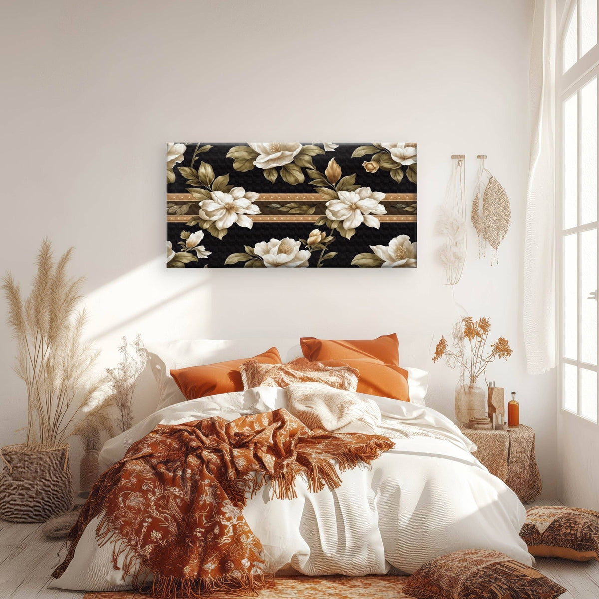 Baroque Magnolia Floral Garden Wall Art Canvas Office Home Framed 80x45cm