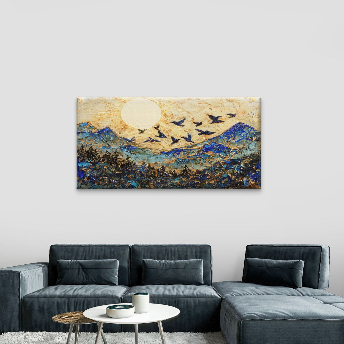 Modern Textured Golden Forest Sun Wall Art Canvas Office Home Framed 80x45cm