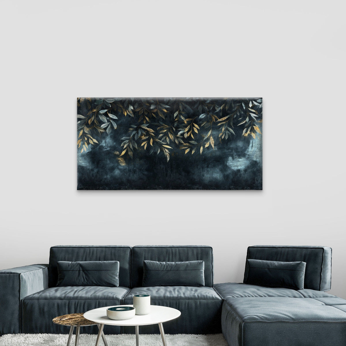 Modern Moody Teal Gold Leaf Foliage Wall Art Canvas Office Home Framed 80x45cm