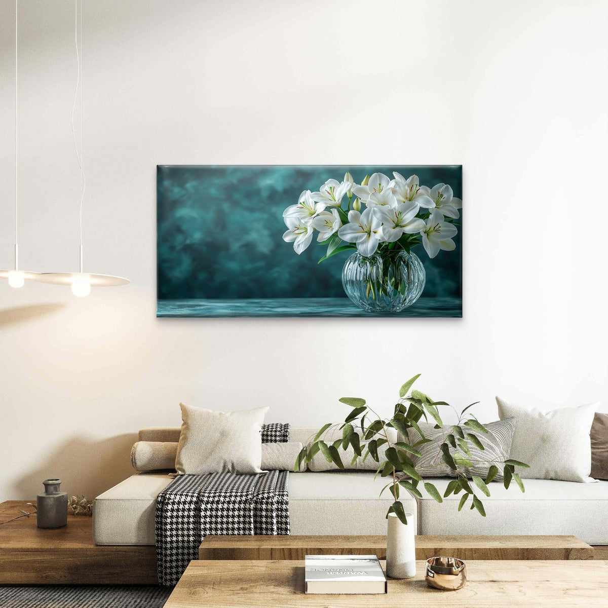 Elegant White Lilies Round Fishbowl Wall Art Canvas Office Home Framed 120x60cm
