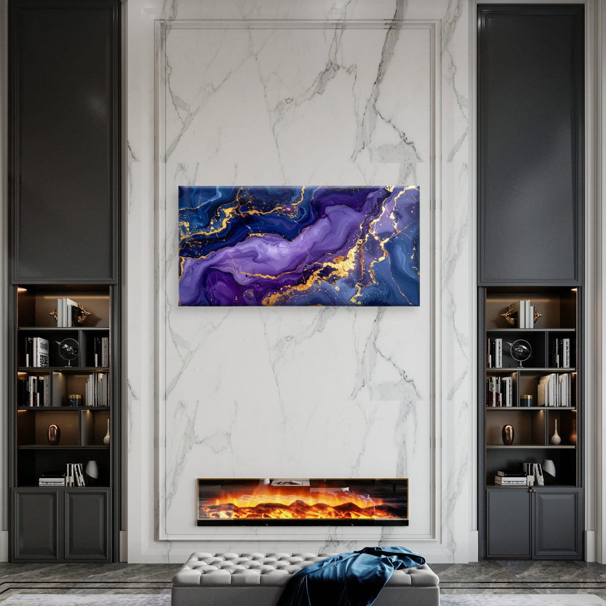 Purple Blue Alcohol Ink Gold Foil Wall Art Canvas Office Home Framed 120x60cm
