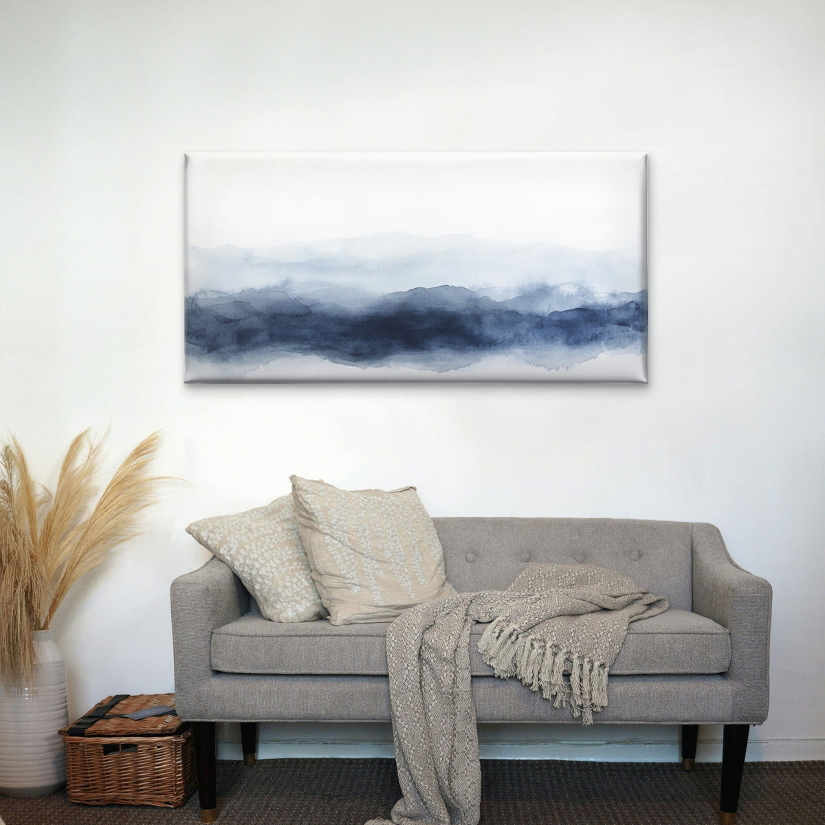 Navy Blue Indigo Watercolor Mountain Wall Art Canvas Office Home Framed 120x60cm