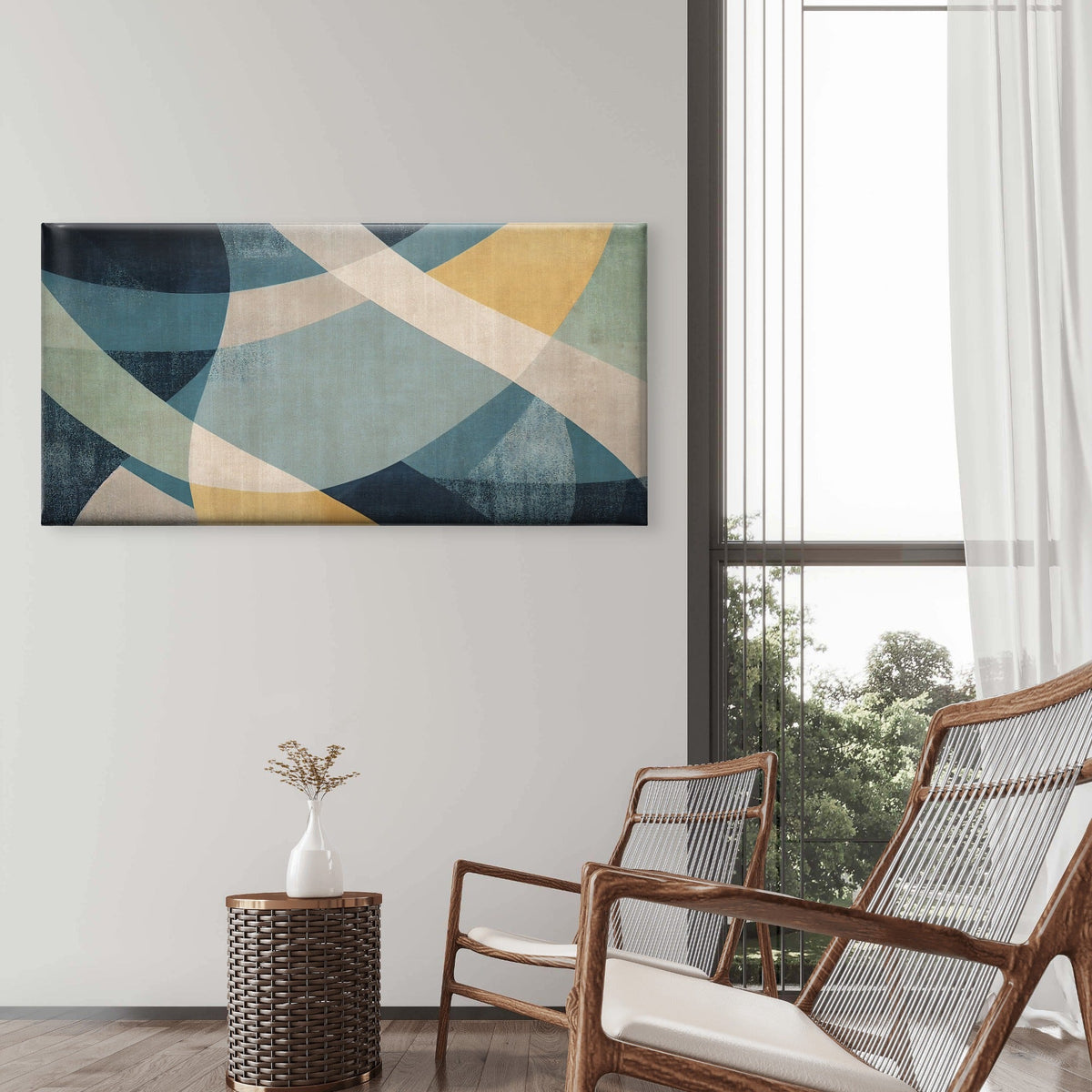 Mid Century Geometric Abstract Curves Wall Art Canvas Office Home Framed 120x60cm