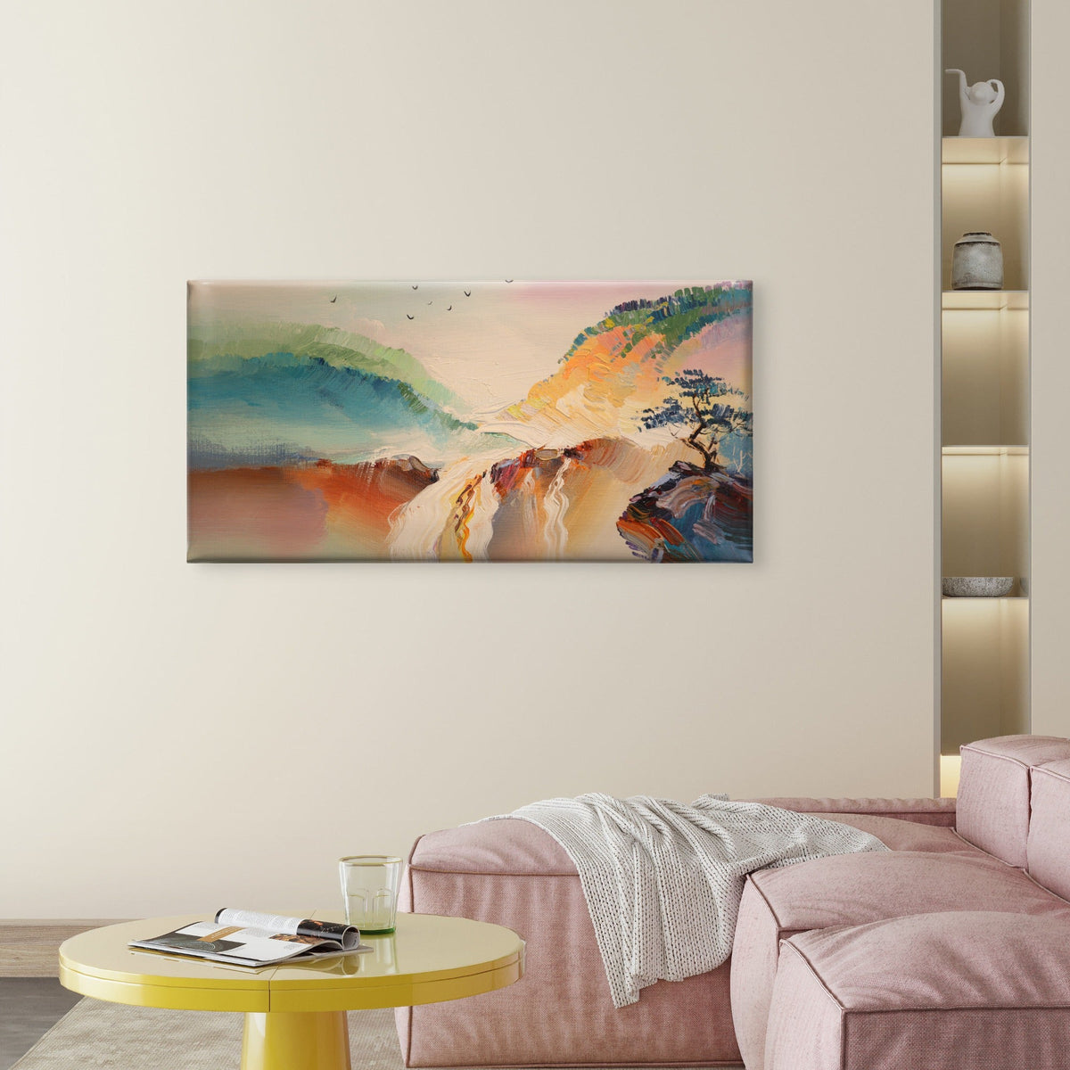 Abstract Mountain Waterfall Tree Print Wall Art Canvas Office Home Framed 80x45cm