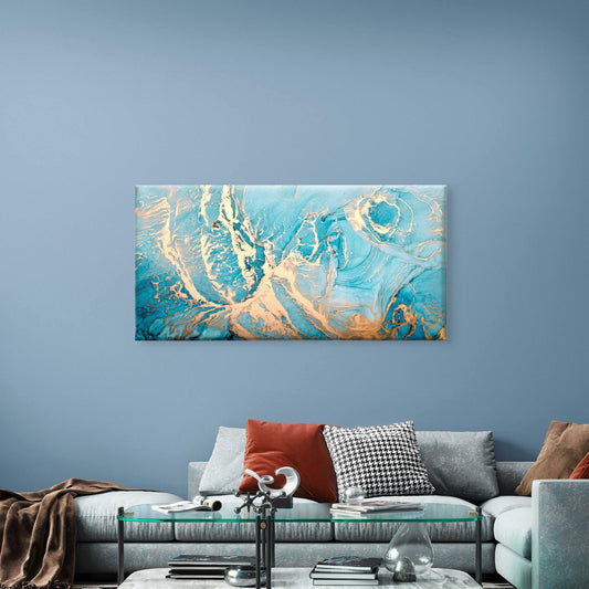 Abstract Turquoise Gold Alcohol Wall Art Canvas Office Home Framed 80x45cm