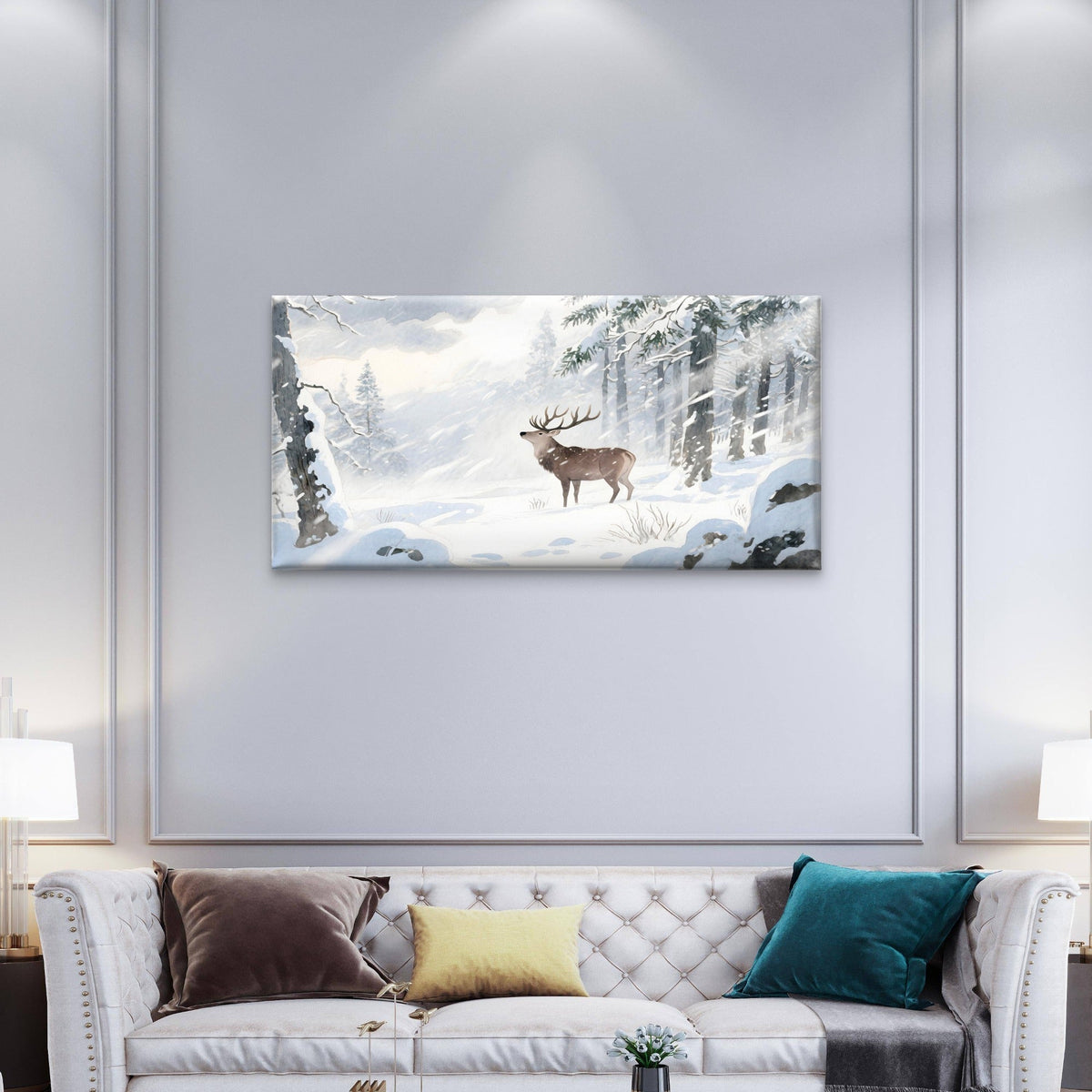 Watercolor Winter Snow Forest Deer Wall Art Canvas Office Home Framed 120x60cm