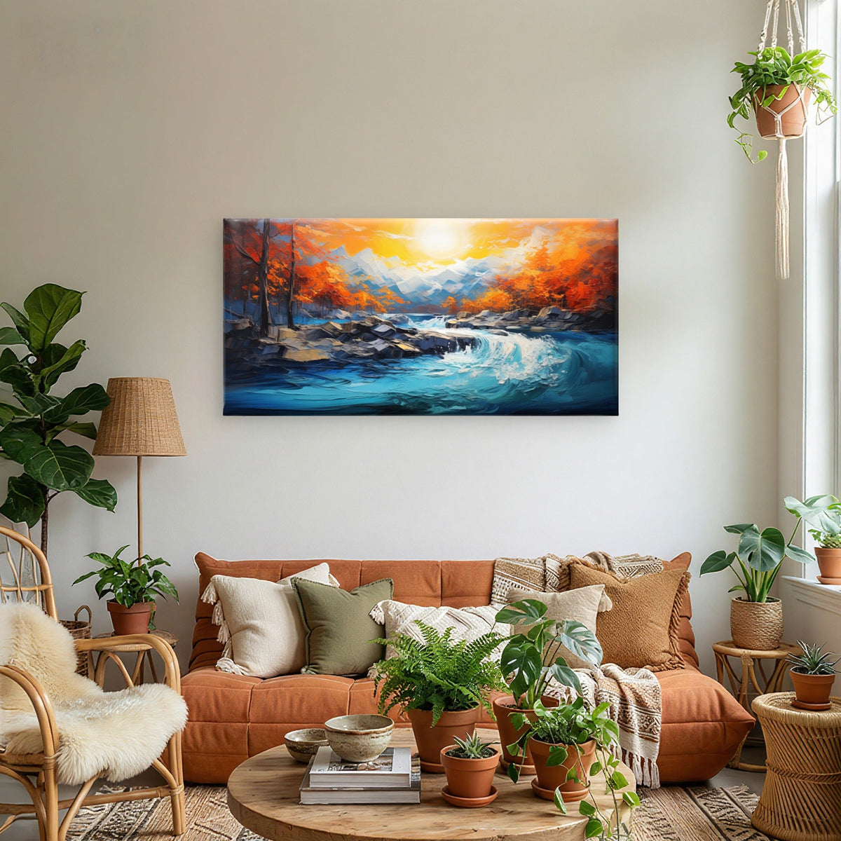 Autumn River Mountain Oil Painting Wall Art Canvas Office Home Framed 120x60cm