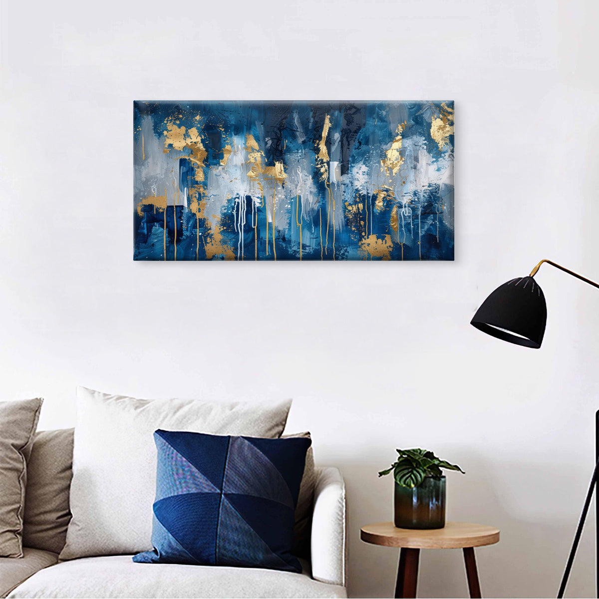 Abstract Navy Blue Gold Foil Drip Wall Art Canvas Office Home Framed 120x60cm