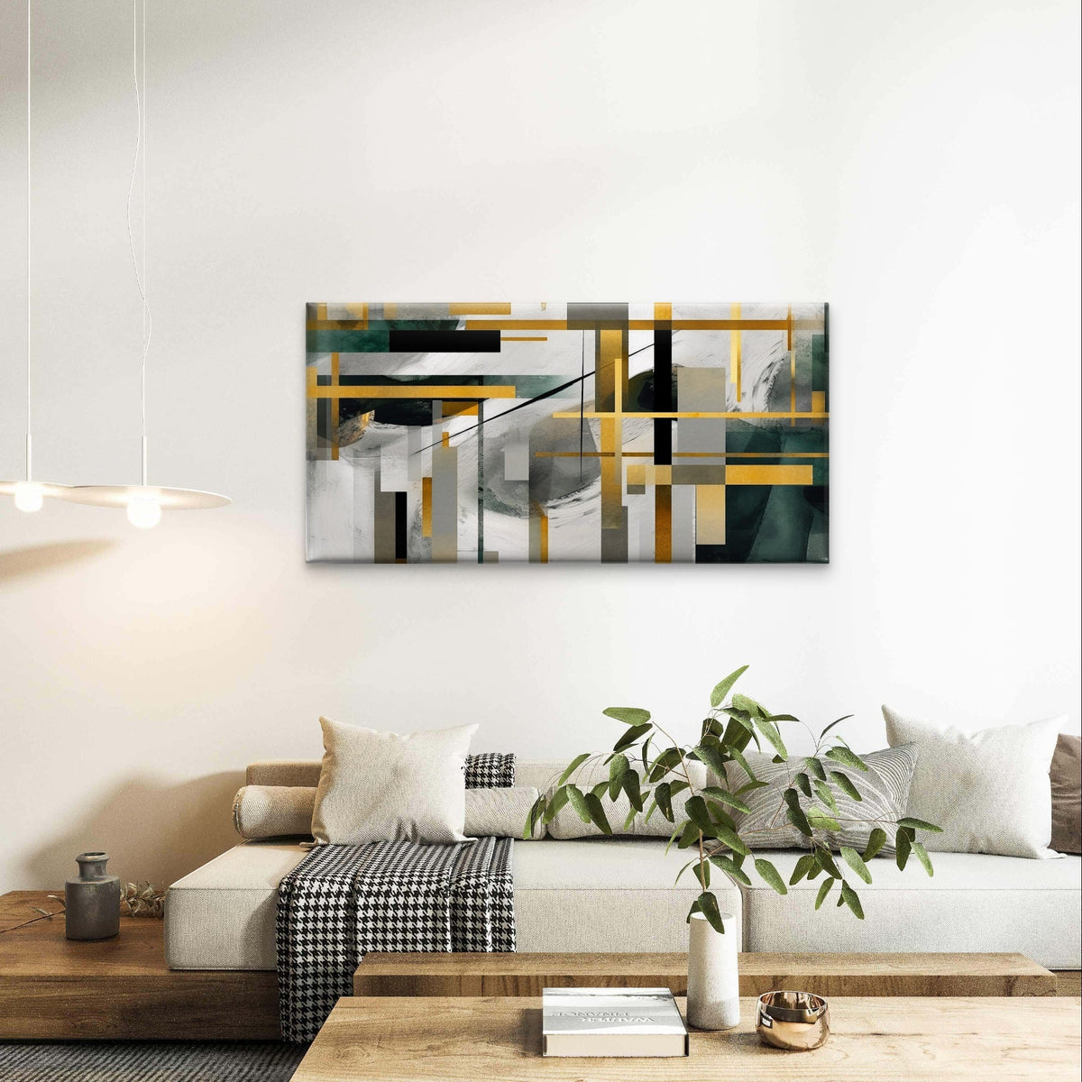 Modern Dark Green Gold Geometric Wall Art Canvas Office Home Framed 120x60cm