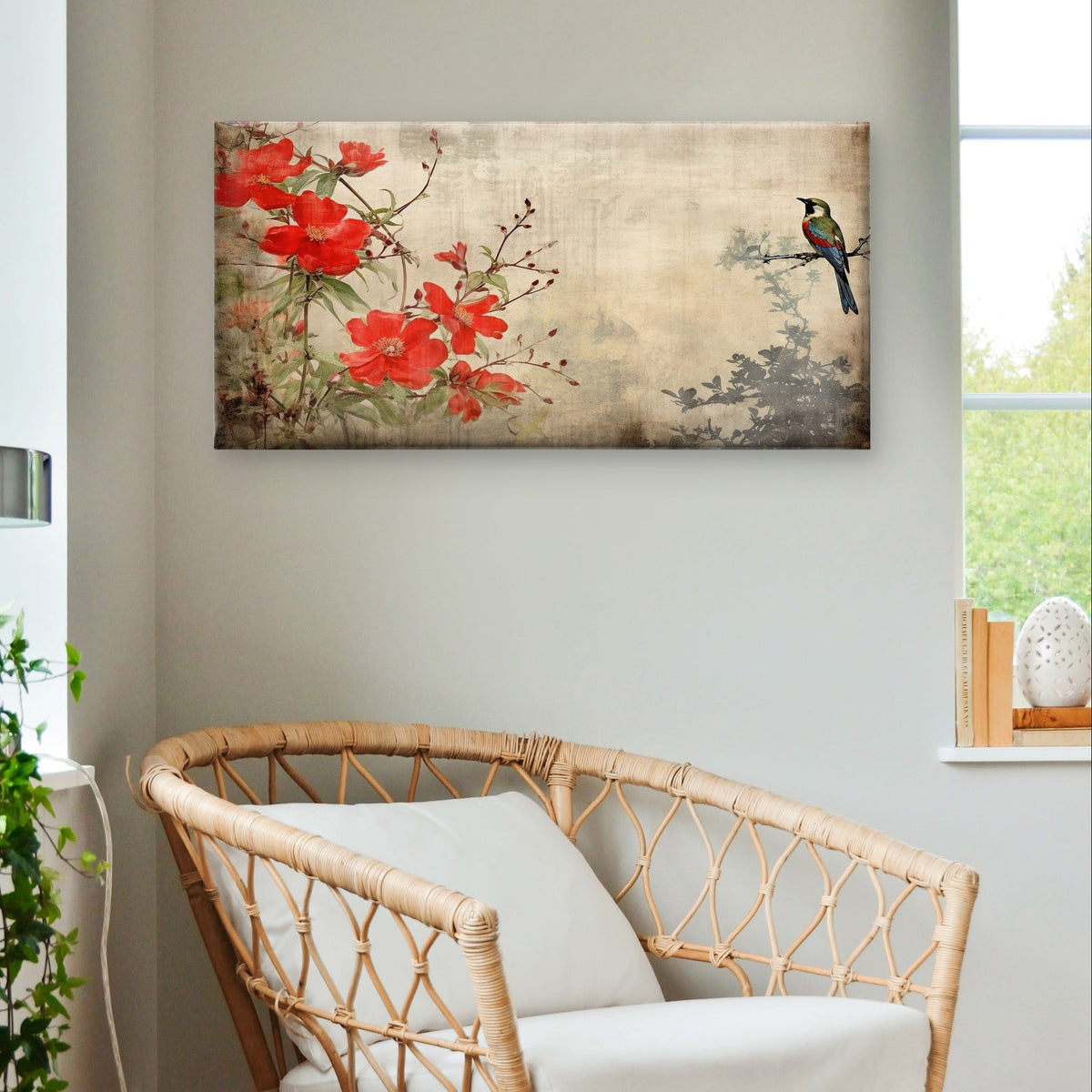 Vintage Chinese Red Blossom Bird Wall Art Canvas Office Home Framed 120x60cm