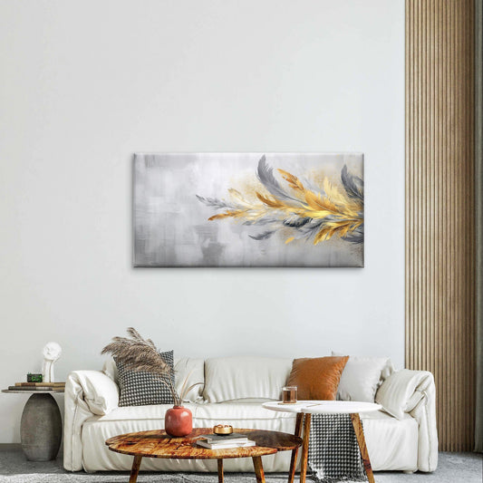 Luxury Gold Grey Feather Abstract Wall Art Canvas Office Home Framed 80x45cm