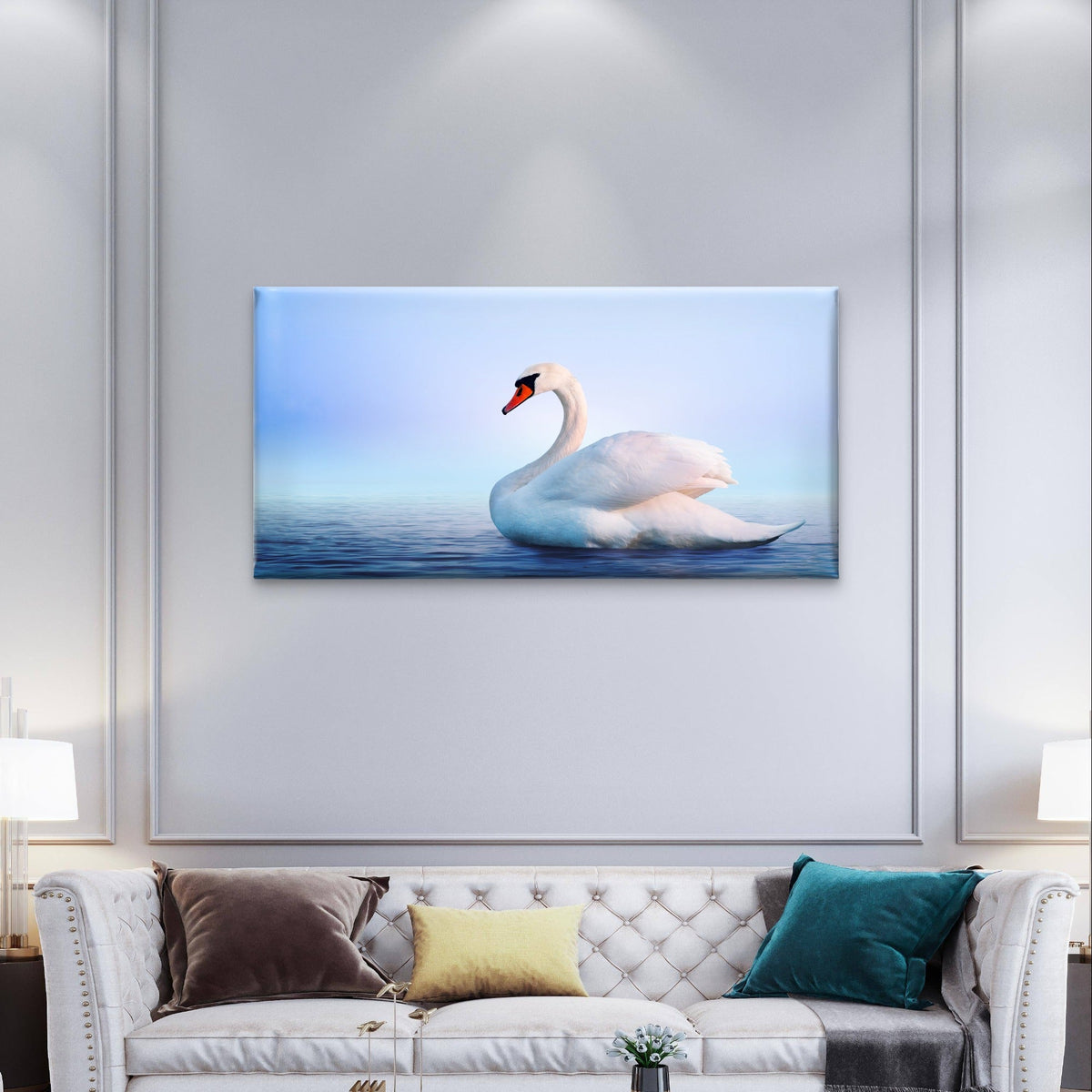 White Swan Lake Water Nature Bird Wall Art Canvas Office Home Framed 120x60cm