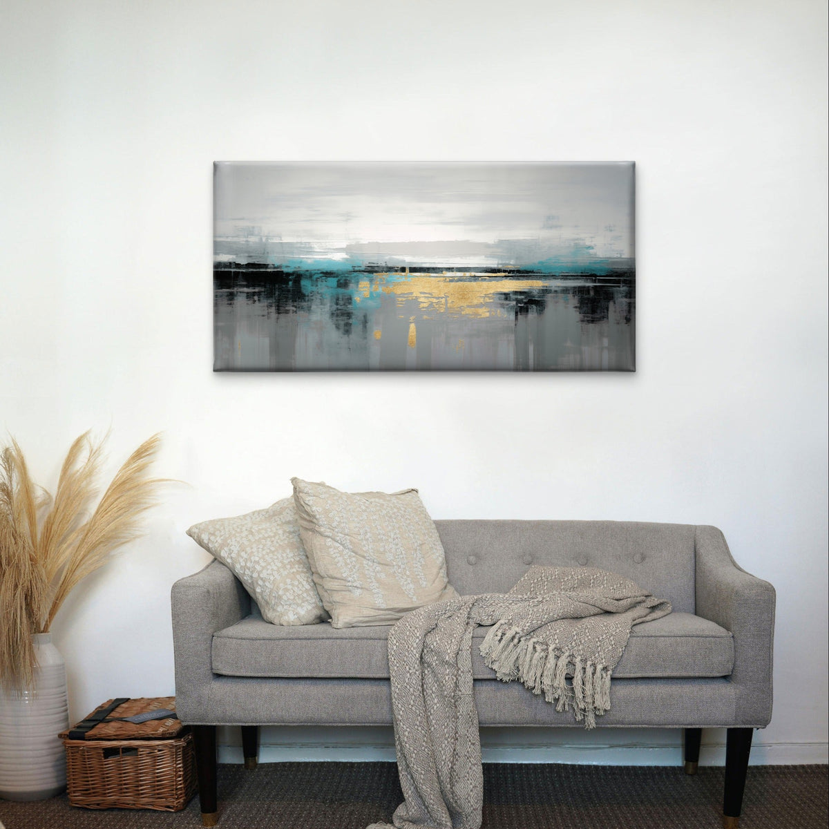 Modern Teal Metallic Silver Seascape Wall Art Canvas Office Home Framed 120x60cm
