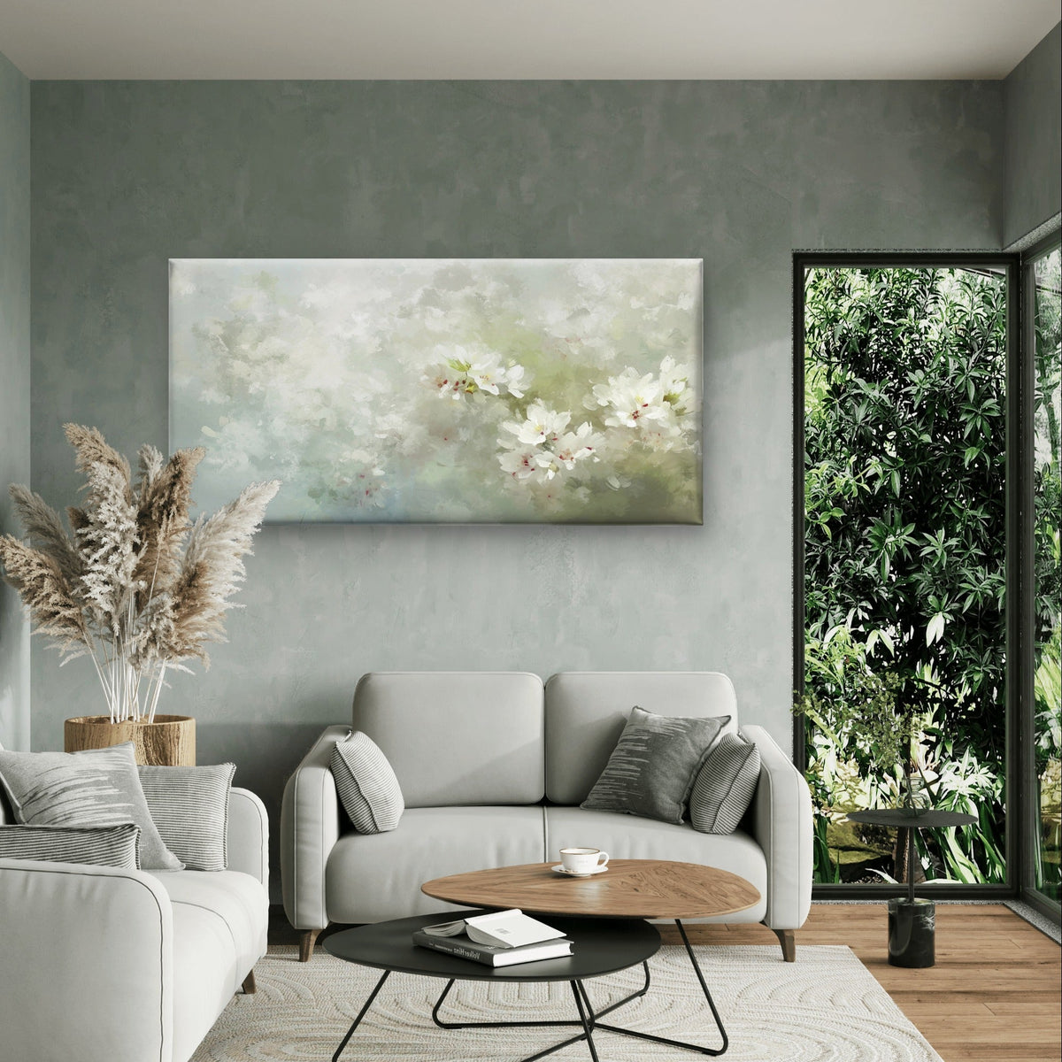 White Cherry Blossom Floral Painting Wall Art Canvas Office Home Framed 120x60cm