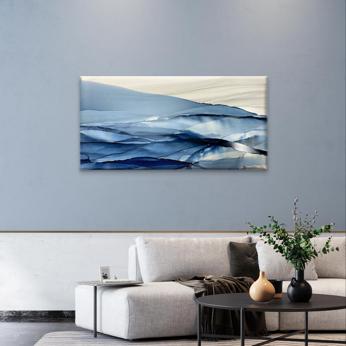 Elegant Navy Indigo Fluid Ink Art Wall Art Canvas Office Home Framed 120x60cm