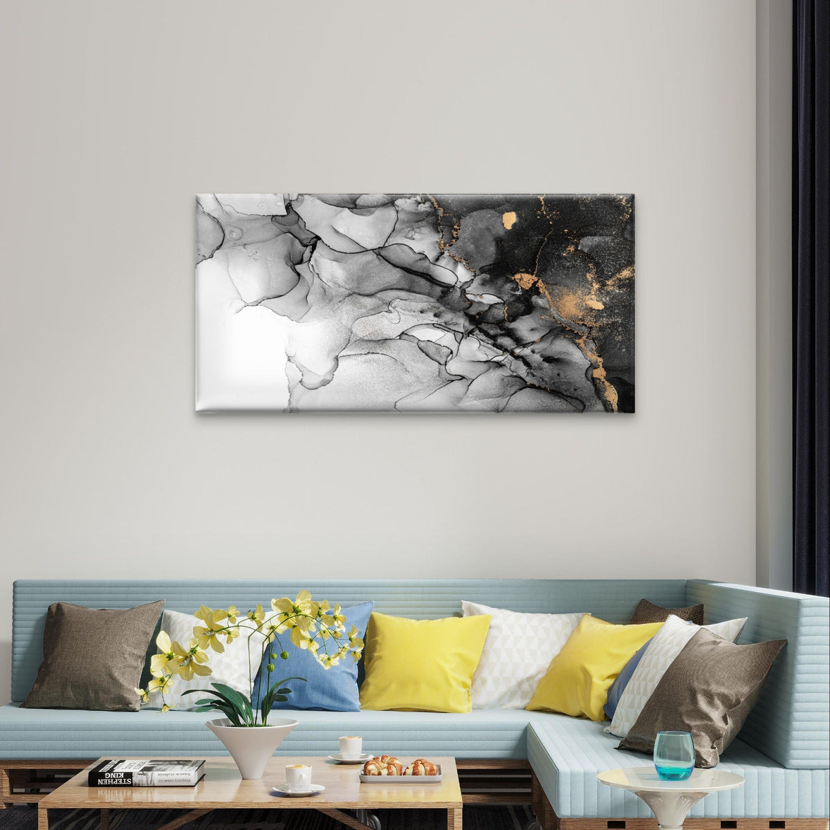Modern Black White Gold Ink Art Wall Art Canvas Office Home Framed 120x60cm