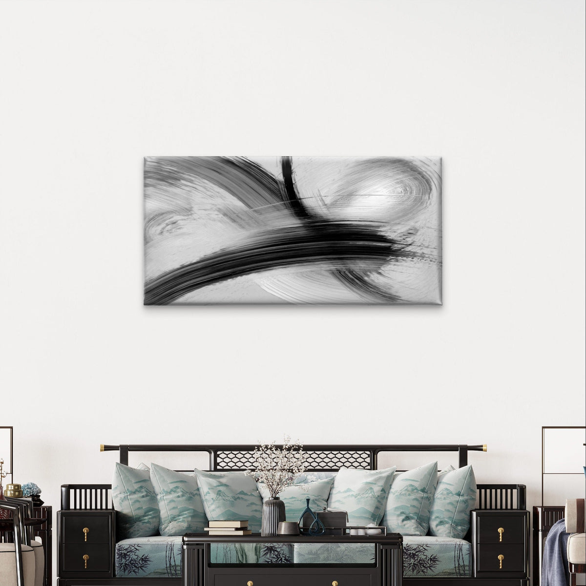 Modern Black White Brush Stroke Wall Art Canvas Office Home Framed 80x45cm