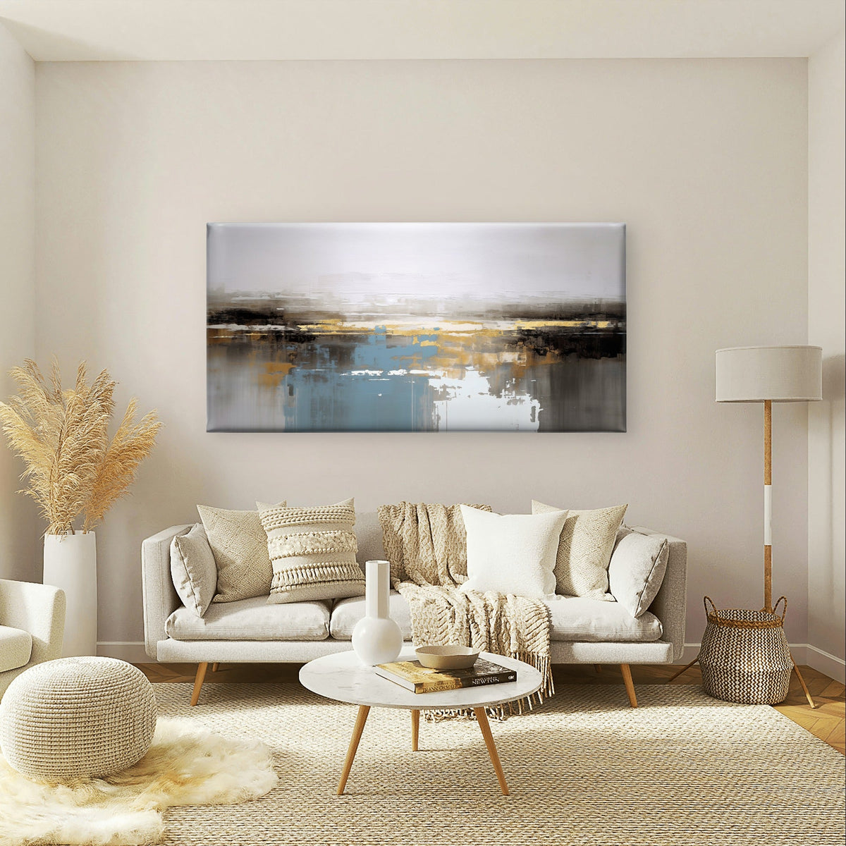 Gold Foil Blue Grey Oil Landscape Wall Art Canvas Office Home Framed 120x60cm
