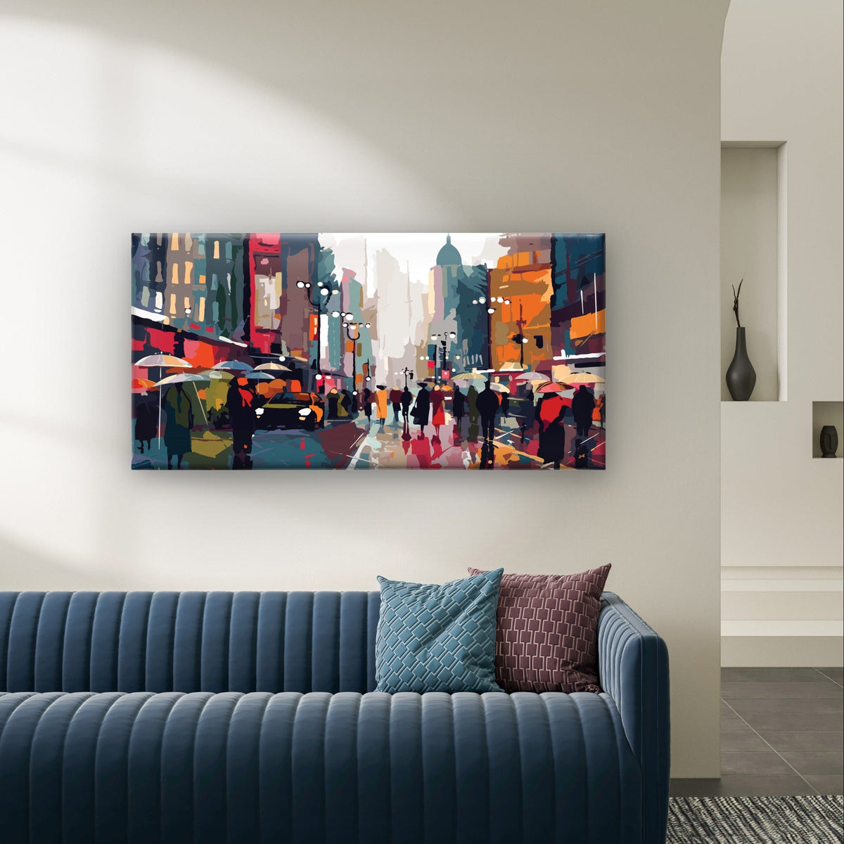 Rainy City Street People Umbrellas Wall Art Canvas Office Home Framed 120x60cm