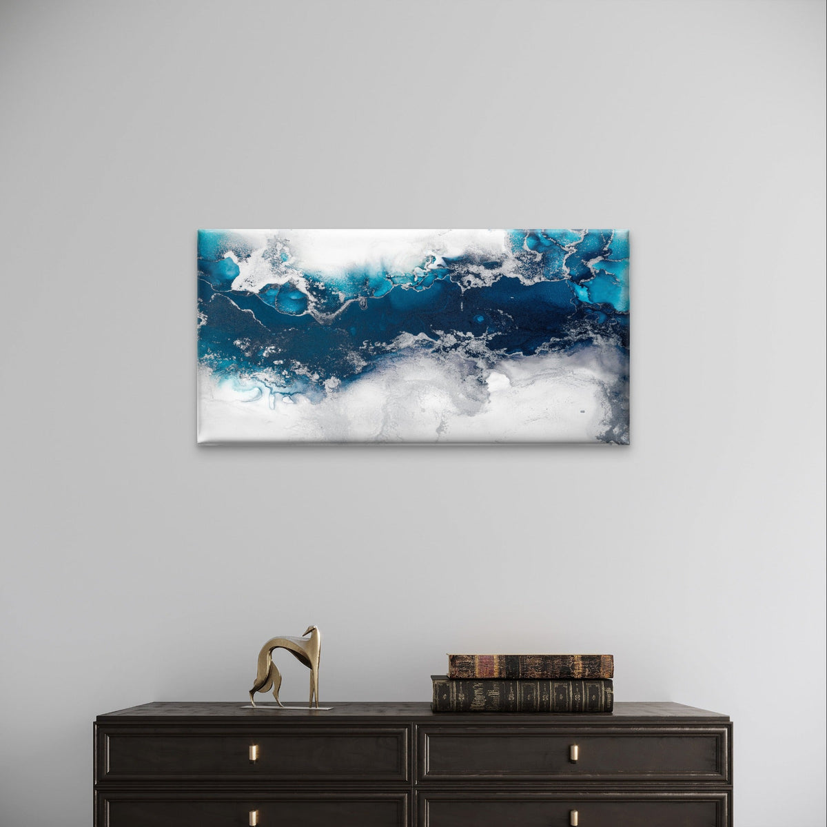 Abstract Blue Silver Fluid Alcohol Wall Art Canvas Office Home Framed 80x45cm