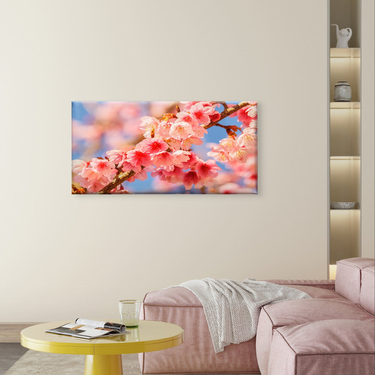 Cherry Blossom Pink Japanese Floral Wall Art Canvas Office Home Framed 120x60cm