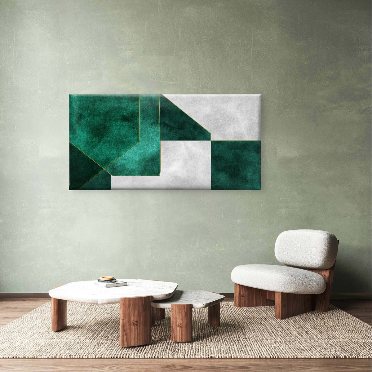 Abstract Green Geometric Gold Lines Wall Art Canvas Office Home Framed 120x60cm