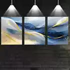 3pcs Elegant Abstract Blue Golden Lines Wall Art Set Canvas Framed 40x60cm - High Quality Print 100% Australian Made Wall Canvas Ready to Hang
