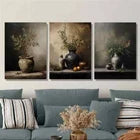 3pcs Vintage Olive Plants Vase and Wild Flowers Metal Print Ready to Hang Art