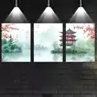 3pcs Traditional Chinese Landscape with Pagoda Wall Art Set Canvas Framed 40x60cm - High Quality Print 100% Australian Made Wall Canvas Ready to Hang