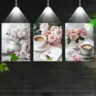 3pcs Charming Pink Rose Coffee on a table Wall Art Set Canvas Framed 40x60cm - High Quality Print 100% Australian Made Wall Canvas Ready to Hang
