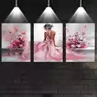 3pcs Elegant Pink Dress Woman with Pink Florals Wall Art Set Canvas Framed 40x60cm - High Quality Print 100% Australian Made Wall Canvas Ready to Hang
