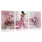 3pcs Charming Pink Dress Woman with Pink Florals Wall Art Set Canvas Framed 40x60cm - High Quality Print 100% Australian Made Wall Canvas Ready to Hang