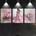 3pcs Charming Pink Dress Woman with Pink Florals Wall Art Set Canvas Framed 40x60cm - High Quality Print 100% Australian Made Wall Canvas Ready to Hang