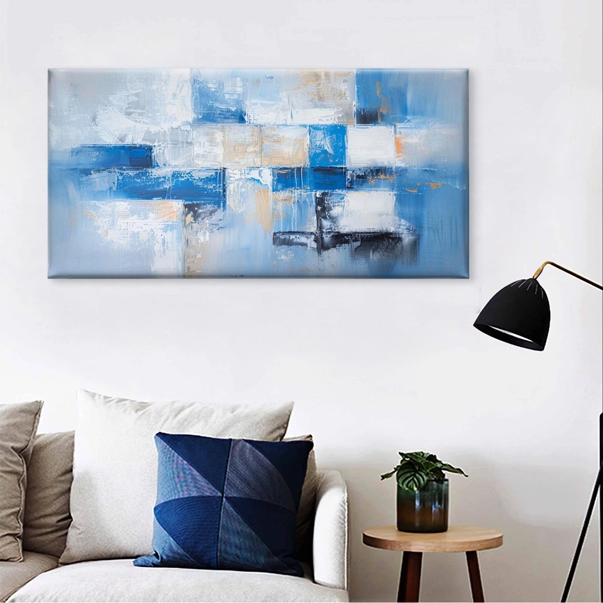 Blue and White Block Abstract Wall Art Canvas Office Home Framed 80x45cm