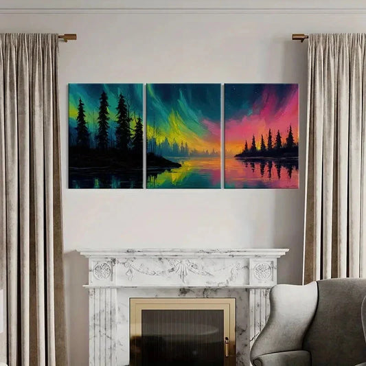 3pcs Northern Vibrant Night Sky Landscape Art Metal Print Ready to Hang Art