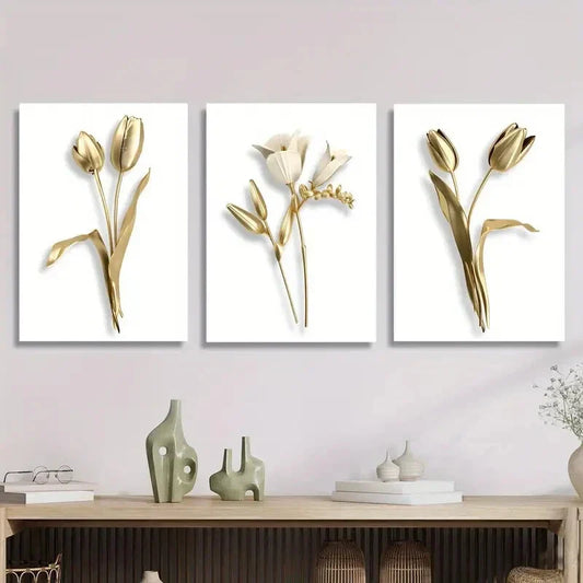 3pcs Golden Floral Modern Minimalist Metal Print Ready to Hang Art