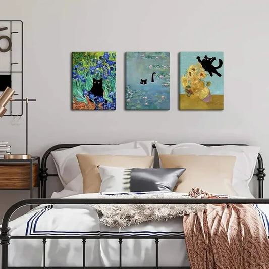 3pcs Funny Cat in Water Lilies Sunflower Cat Metal Print Ready to Hang Art