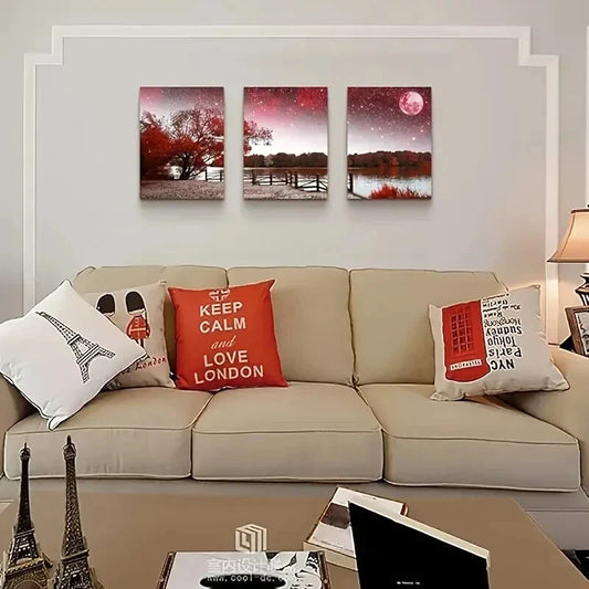 3pcs Red Tree and Moon Landscape Metal Print Ready to Hang Art